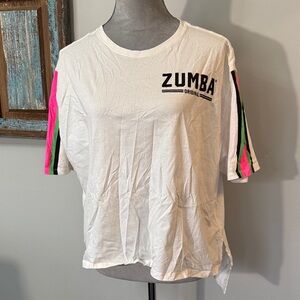 Zumba Fitness White Short Sleeve Tee with Neon Pink & Green Sleeve Stripes L
